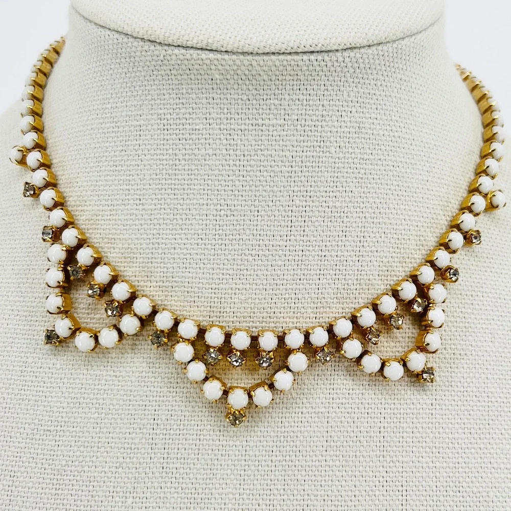 Vintage Milk Glass Rhinestone Collar Necklace Mid-Century 16